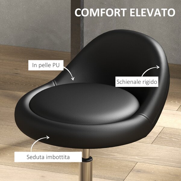 HOMCOM Sgabello con Ruote, Seduta Girevole, Altezza Regolabile e Rivestimento in Finta Pelle PU, Nero|Aosom