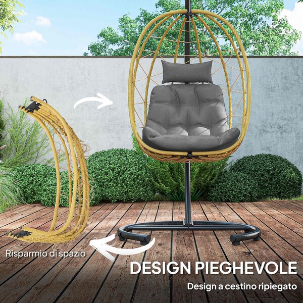 Outsunny Poltrona Sospesa e Pieghevole con Cuscini, in Acciaio e Rattan PE, 102x102x195 cm, Nera Grigia e Beige|Aosom