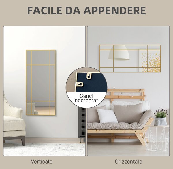 HOMCOM Specchio da Parete Stile Finestra con Montaggio Verticale e Orizzontale, 110x50cm, Oro|Aosom