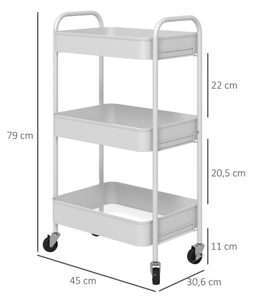 HOMCOM Carrello da Cucina a 3 Livelli con Maniglie e 4 Rotelle, in Acciaio, 45x30.6x79 cm, Bianco|Aosom