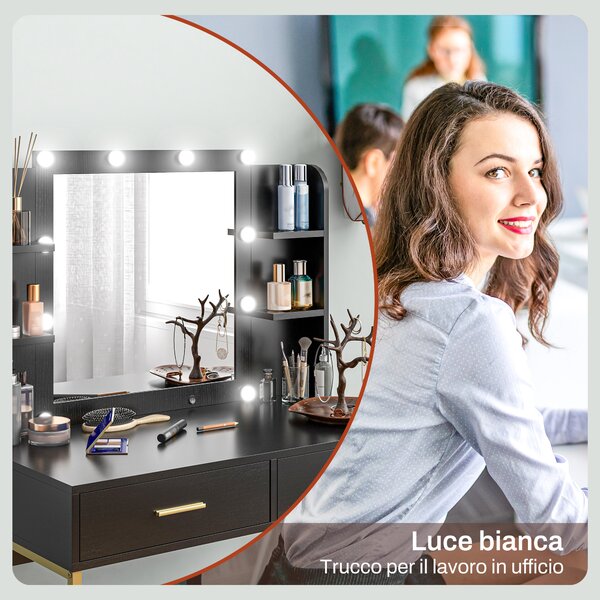 HOMCOM Tavolo da Trucco con 2 Cassetti, 6 Ripiani, Specchio e Sgabello, in Legno e Acciaio, 90x45x132.5 cm, Nero