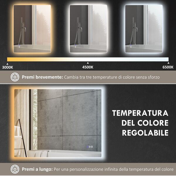 HOMCOM Specchio da Bagno Anticondensa con Luminosità e Colore Regolabili, Valutazione CRI90+, in Vetro e Lega di Alluminio, 80x60x4 cm | Aosom Italy