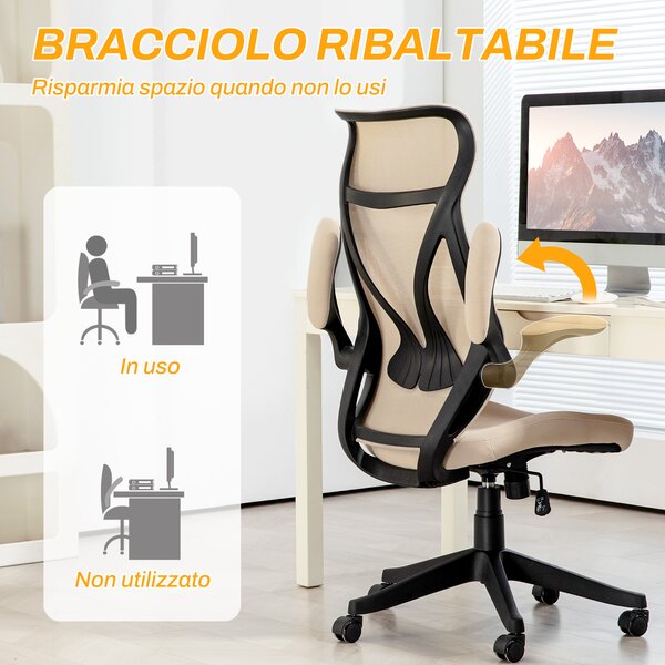 HOMCOM Poltrona da Ufficio con Braccioli Ribaltabili, Sedia Ufficio Altezza Regolabile e Schienale Inclinabile, in Tessuto a Rete, Beige|Aosom Italy