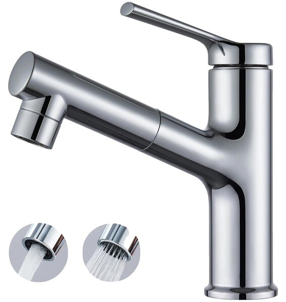 Miscelatore per lavabo, con funzione estraibile, design moderno, cromato, acciaio inossidabile, attacco G3/8