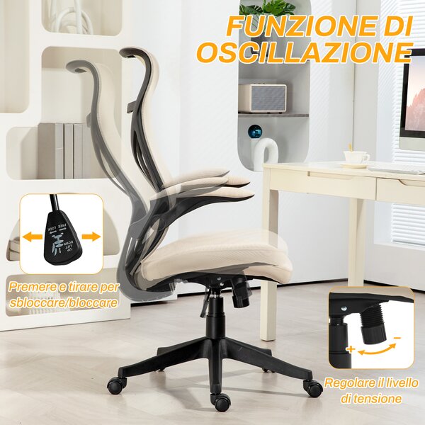 HOMCOM Poltrona da Ufficio con Braccioli Ribaltabili, Sedia Ufficio Altezza Regolabile e Schienale Inclinabile, in Tessuto a Rete, Beige|Aosom Italy