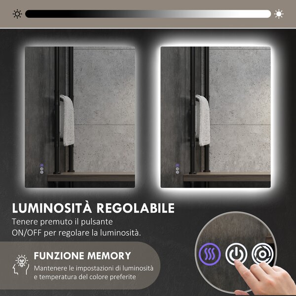 HOMCOM Specchio da Bagno Anticondensa con Luminosità e Colore Regolabili, Valutazione CRI90+, in Vetro e Lega di Alluminio, 80x60x4 cm | Aosom Italy
