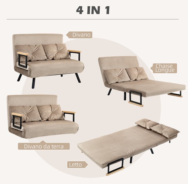 HOMCOM Divano Letto 3 in 1 in Tessuto Effetto Velluto con Schienale Regolabile e 2 Cuscini, 102x73x81 cm, Marrone Chiaro