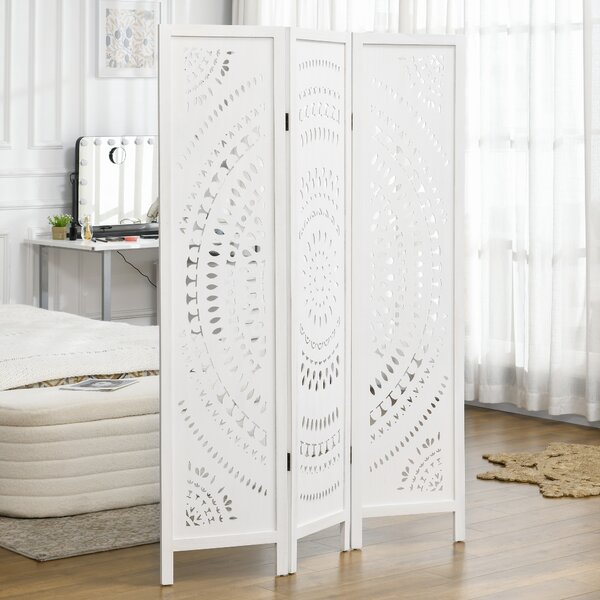 HOMCOM Separé Paravento da Interni Pieghevole a 3 Pannelli in Legno Intagliato, 120x170cm, Bianco
