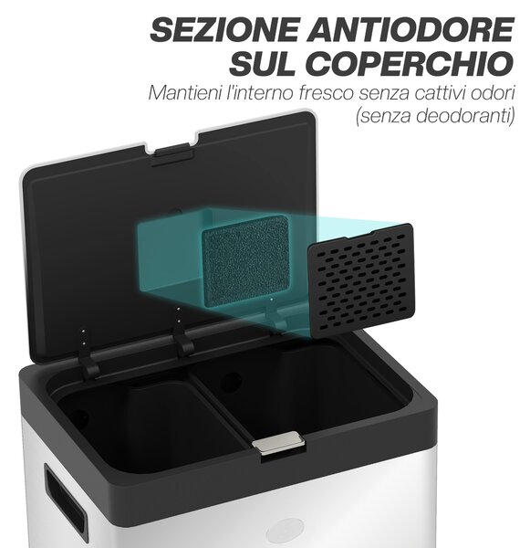 HOMCOM Bidone Immondizia a 3 Sezioni da 56L con Supporto per Deodorante, in Acciaio e PP, 45.7x35.8x76 cm, Argento