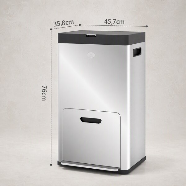 HOMCOM Bidone Immondizia a 3 Sezioni da 56L con Supporto per Deodorante, in Acciaio e PP, 45.7x35.8x76 cm, Argento
