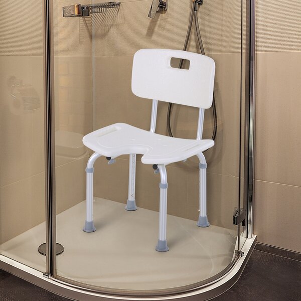 HOMCOM Sedia Doccia Regolabile su 8 Livelli con Fori di Drenaggio, in Alluminio e PE, 48x42x71-83.5 cm, Bianco e Argento