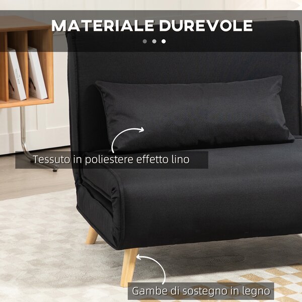 HOMCOM Poltrona Letto 3 in 1 con Schienale Reclinabile su 6 Posizioni in Tessuto, 94x78x80 cm, Nero | Aosom Italy