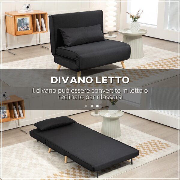 HOMCOM Poltrona Letto 3 in 1 con Schienale Reclinabile su 6 Posizioni in Tessuto, 94x78x80 cm, Nero | Aosom Italy
