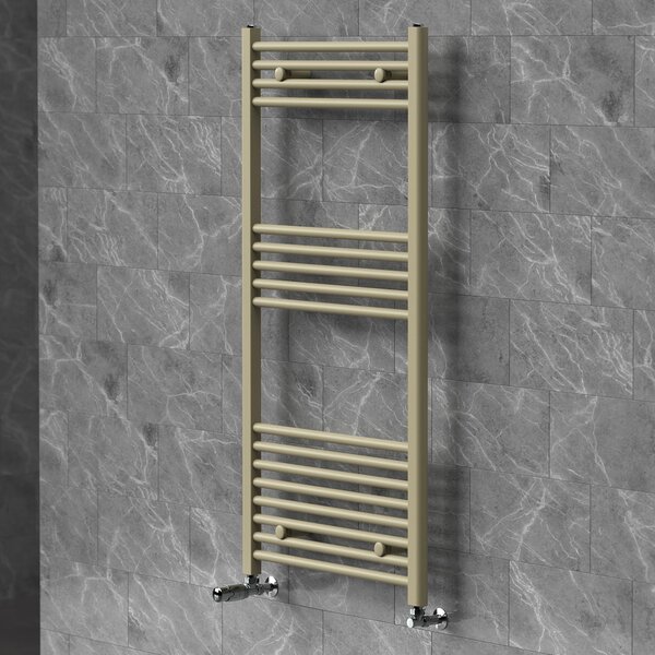 Asciugamani radiante LuxeBath 600x1200 mm, radiatore per bagno con valvola termostatica, asciugamano Sahara a pannello piatto con attacco laterale, portasciugamani, color beige