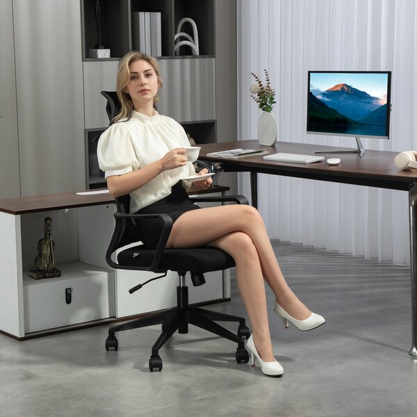 HOMCOM Sedia da Ufficio Ergonomica con Poggiatesta e Altezza Regolabili, Funzione Dondolo e Ruote, Nero