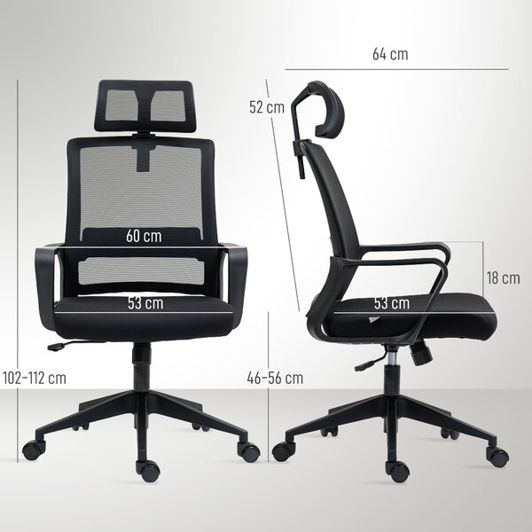 HOMCOM Sedia da Ufficio Ergonomica con Poggiatesta e Altezza Regolabili, Funzione Dondolo e Ruote, Nero