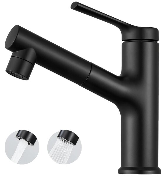 Miscelatore per lavabo, design estraibile, realizzato in lega di zinco resistente, colore nero, con raccordi in acciaio inossidabile, attacco G3/8