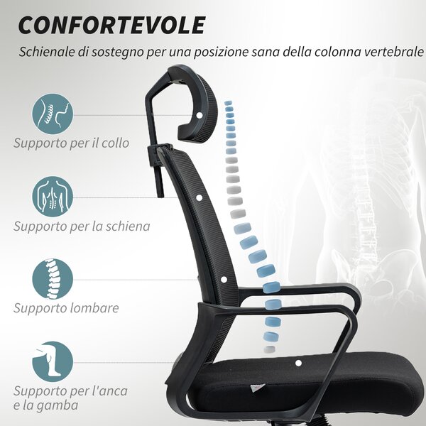 HOMCOM Sedia da Ufficio Ergonomica con Poggiatesta e Altezza Regolabili, Funzione Dondolo e Ruote, Nero