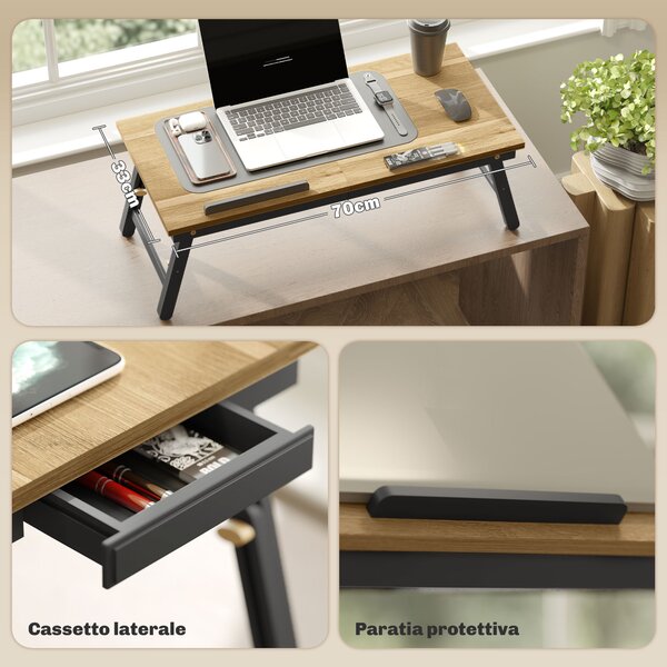 HOMCOM Supporto Monitor Inclinabile e Regolabile con Cassetto Laterale, in Legno, 86x33x22.5-32 cm, Rovere e Nero | Aosom Italy