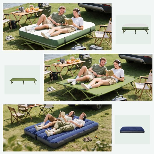 Outsunny Set da Campeggio Tenda Letto 2 Persone Materasso Gonfiabile con Borsa per il Trasporto in Polietilene, Verde Scuro