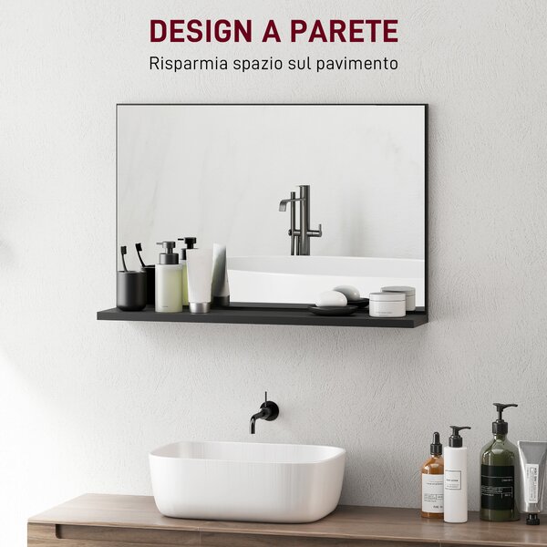 Kleankin Specchio Bagno da Parete con Mensola Design Moderno e Multiuso, 60x12x40 cm, Nero | Aosom Italy