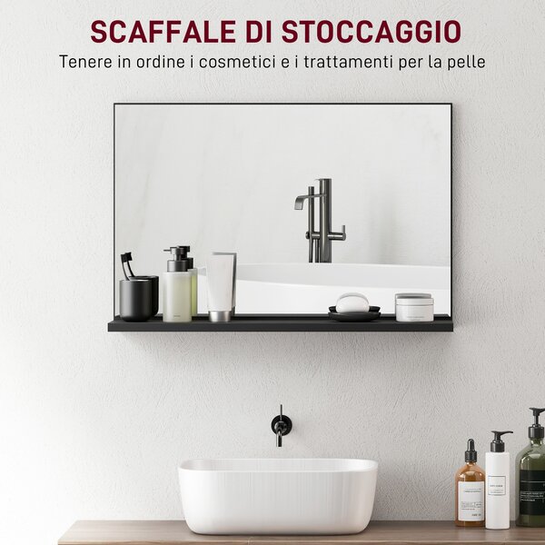 Kleankin Specchio Bagno da Parete con Mensola Design Moderno e Multiuso, 60x12x40 cm, Nero | Aosom Italy