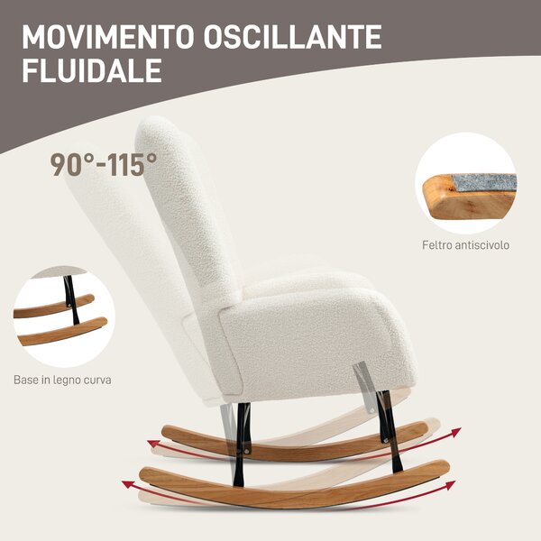 HOMCOM Sedia a Dondolo Poltrona Relax in Velluto Teddy, Bianco Crema | Aosom Italy