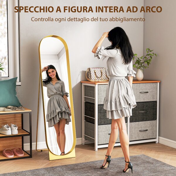 HOMCOM Specchio da Terra Moderno con Telaio in Metallo Autoportante o da Parete, 40x150 cm, Oro | Aosom Italy