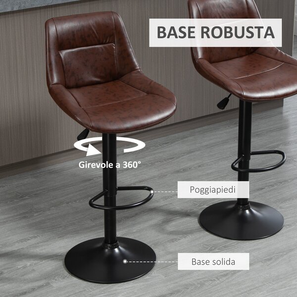 HOMCOM Set 2 Sgabelli da Bar Vintage in Finta Pelle Marrone con Poggiapiedi e Base Rotonda, 46.5x50x88-108 cm | Aosom Italy