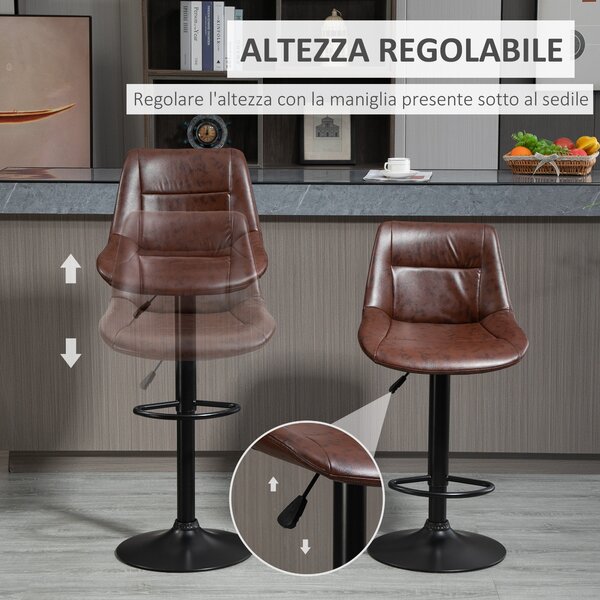 HOMCOM Set 2 Sgabelli da Bar Vintage in Finta Pelle Marrone con Poggiapiedi e Base Rotonda, 46.5x50x88-108 cm | Aosom Italy