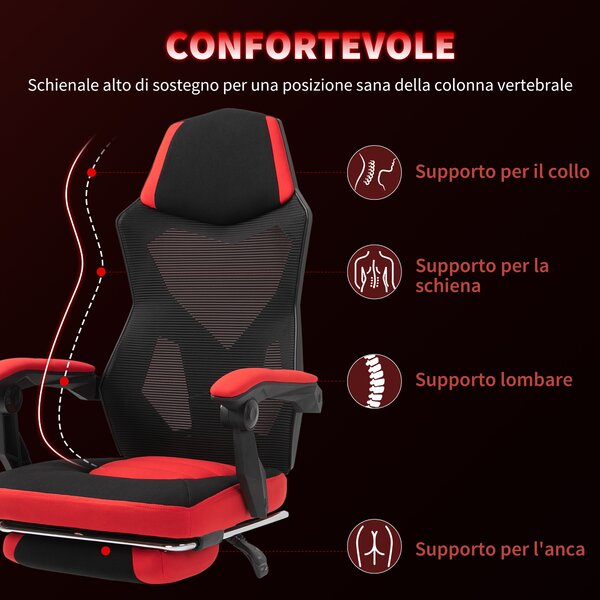 Vinsetto Sedia da Gaming schienale e altezza regolabile ruote girevoli poggiapiedi in tessuto a maglia - rosso nero