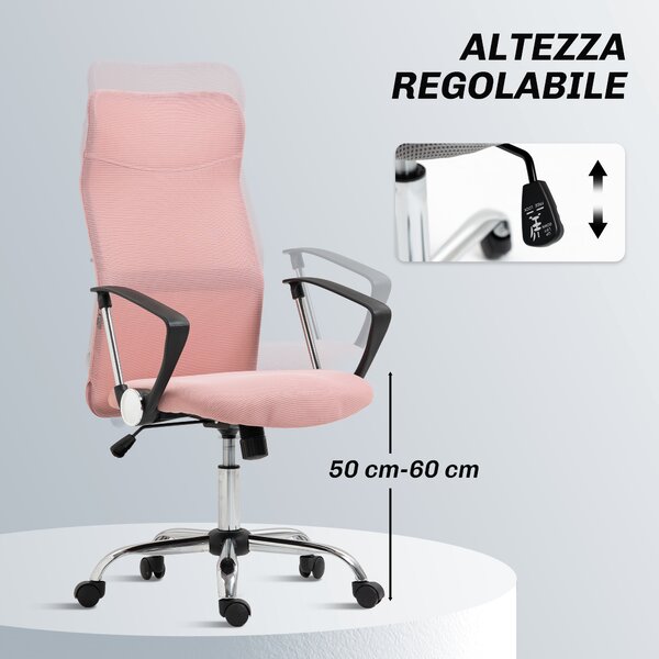 HOMCOM Sedia Ergonomica da Ufficio Girevole, Altezza Regolabile e Schienale a Rete, 63x65x109-119 cm, Rosa | Aosom Italy