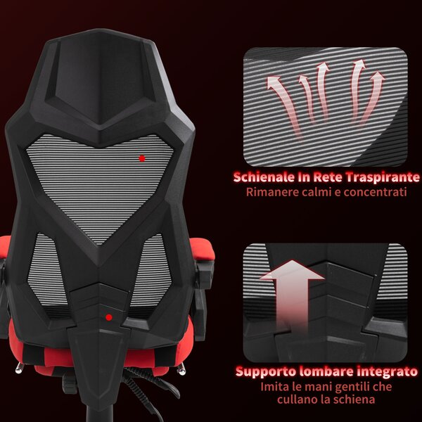 Vinsetto Sedia da Gaming schienale e altezza regolabile ruote girevoli poggiapiedi in tessuto a maglia - rosso nero