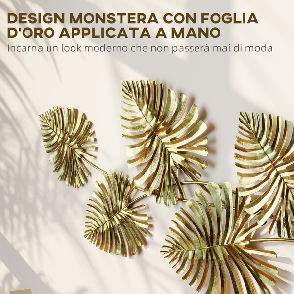 HOMCOM Wall Art a 5 Foglie di Monstera in Metallo Dorato con Accessori per Montaggio Inclusi, 83x2.5x39 cm | Aosom Italy