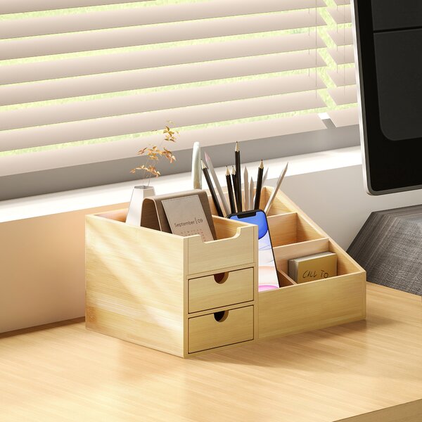HOMCOM Organizer da Scrivania in Bambù con 2 Cassetti e 7 Scomparti Portaoggetti, 33x20.5x15.5 cm | Aosom Italy