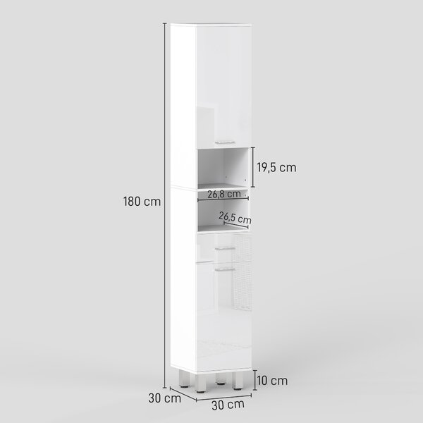 Kleankin Colonna Bagno con Cassetto, 2 Ripiani Aperti e 2 Armadietti a 2 Livelli, in Legno, 30x30x180 cm, Bianco Lucido | Aosom Italy