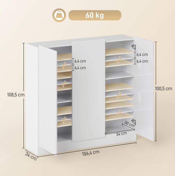 HOMCOM Scarpiera Slim da Ingresso per 25-30 Paia di Scarpe con Ante a Chiusura Ammortizzata, 106.4x34x108.5 cm, Bianco Lucido | Aosom Italy