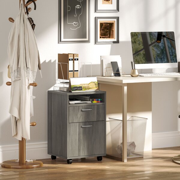 HOMCOM Cassettiera Portadocumenti a 4 Ruote con Ripiano Aperto e Cassetti, in Legno e Metallo, 40x35x60 cm, Grigio | Aosom Italy