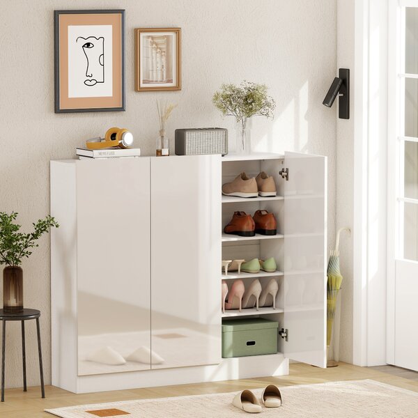 HOMCOM Scarpiera Slim da Ingresso per 25-30 Paia di Scarpe con Ante a Chiusura Ammortizzata, 106.4x34x108.5 cm, Bianco Lucido | Aosom Italy