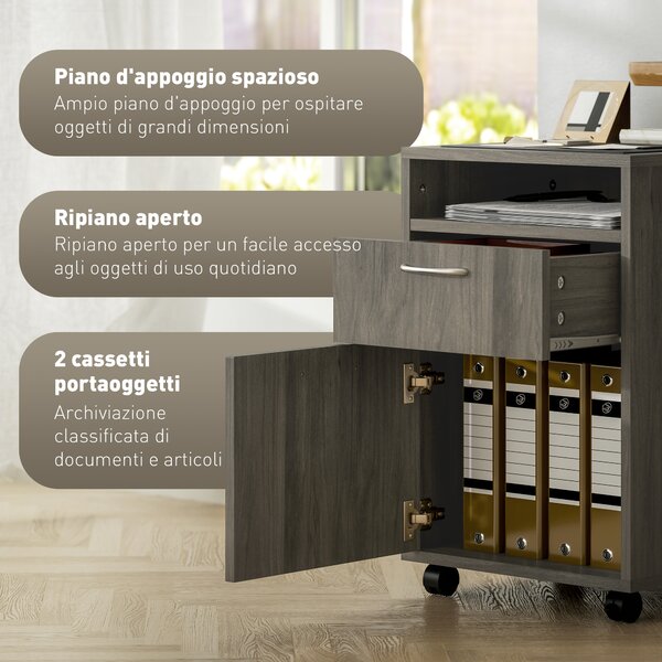 HOMCOM Cassettiera Portadocumenti a 4 Ruote con Ripiano Aperto e Cassetti, in Legno e Metallo, 40x35x60 cm, Grigio | Aosom Italy