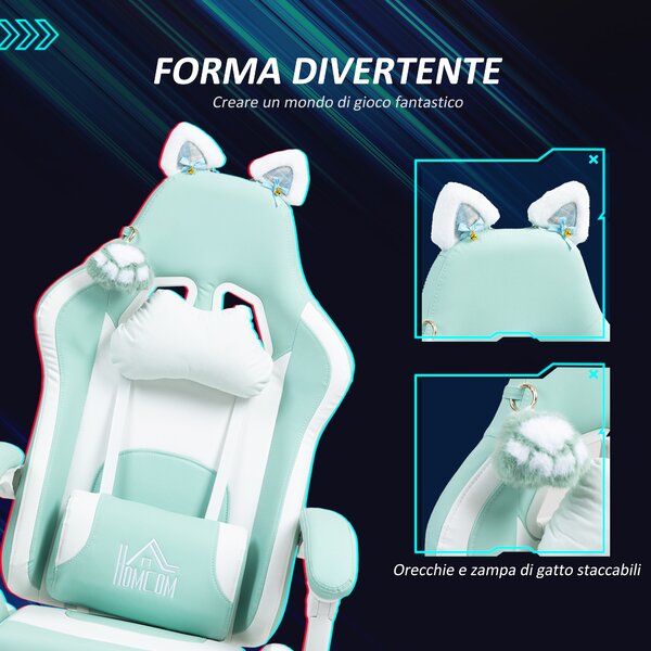 HOMCOM Sedia da Gaming Reclinabile con Poggiapiedi e Cuscini, in Finta Pelle e Spugna, 65x62x116-124 cm, Bianco e Azzurro | Aosom Italy