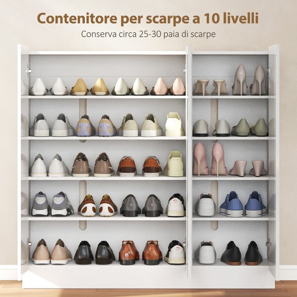 HOMCOM Scarpiera Slim da Ingresso per 25-30 Paia di Scarpe con Ante a Chiusura Ammortizzata, 106.4x34x108.5 cm, Bianco Lucido | Aosom Italy