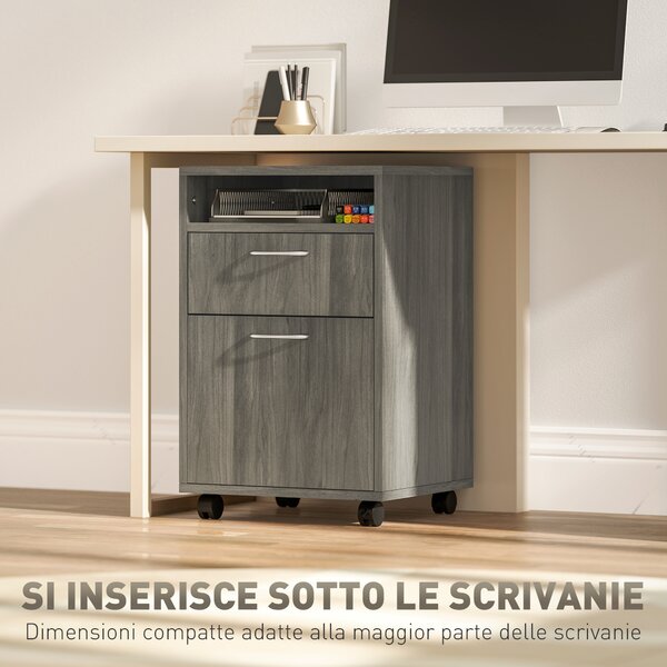 HOMCOM Cassettiera Portadocumenti a 4 Ruote con Ripiano Aperto e Cassetti, in Legno e Metallo, 40x35x60 cm, Grigio | Aosom Italy