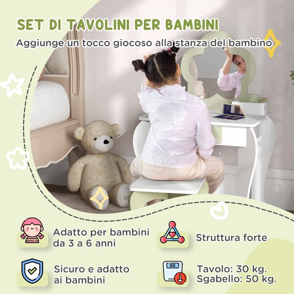 ZONEKIZ Set Toeletta per Bambina con Specchio Trucco e Sgabello Abbinato in Legno, Cassetto e Contenitori, Bianco | Aosom Italy