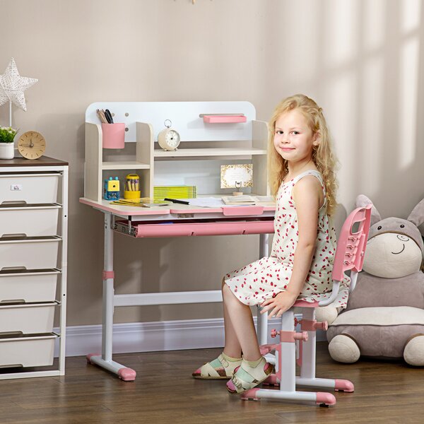 HOMCOM Set Scrivania e Sedia per Bambini da 3 Anni Regolabile, Tavolo Inclinabile a 60° con Cassetto e Ripiani, Rosa | Aosom Italy