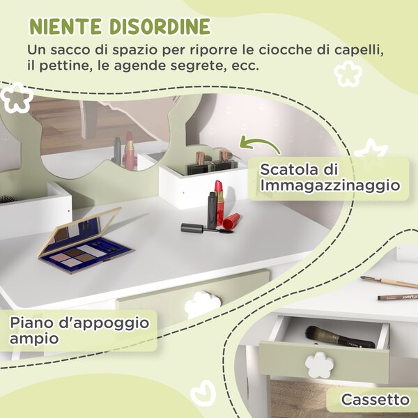 ZONEKIZ Set Toeletta per Bambina con Specchio Trucco e Sgabello Abbinato in Legno, Cassetto e Contenitori, Bianco | Aosom Italy