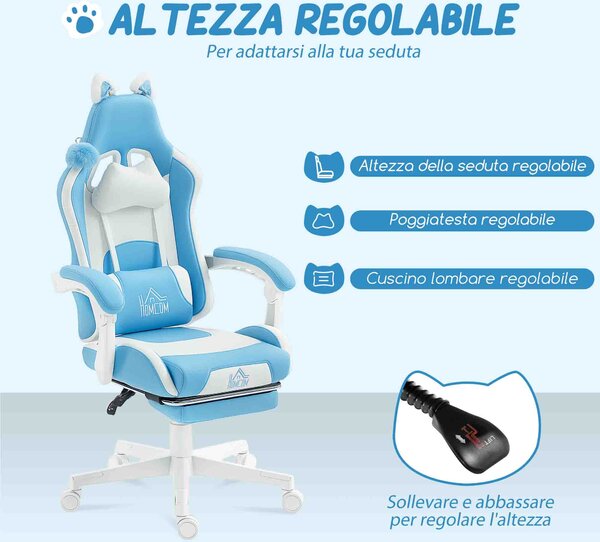 HOMCOM Sedia da Gaming Reclinabile con Poggiapiedi e Cuscini, in Finta Pelle e Spugna, 65x62x116-124 cm, Bianco e Rosa | Aosom Italy