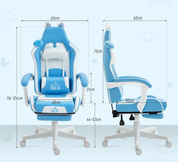 HOMCOM Sedia da Gaming Reclinabile con Poggiapiedi e Cuscini, in Finta Pelle e Spugna, 65x62x116-124 cm, Bianco e Rosa | Aosom Italy