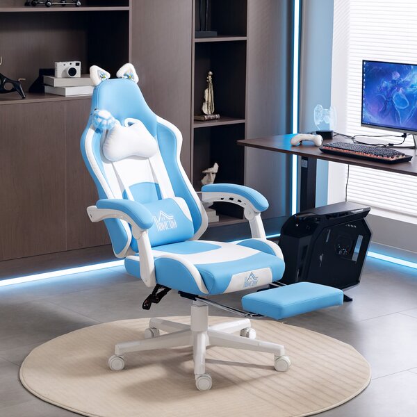 HOMCOM Sedia da Gaming Reclinabile con Poggiapiedi e Cuscini, in Finta Pelle e Spugna, 65x62x116-124 cm, Bianco e Rosa | Aosom Italy