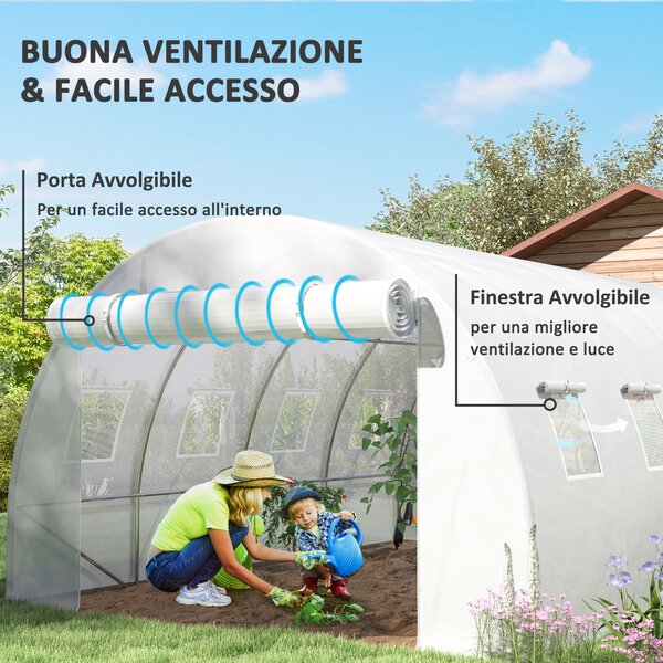 Outsunny Telo Serra in PE con 8 Finestre, Porta Avvolgibile e Bordi Interrati, 4x3x2 m, Bianco | Aosom Italy